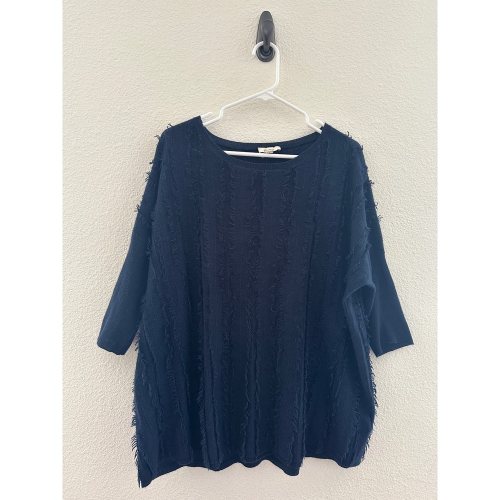 Ella Moss Navy Frayed Eyelash Knit Wool Blend Pullover Sweater Lightweight M
